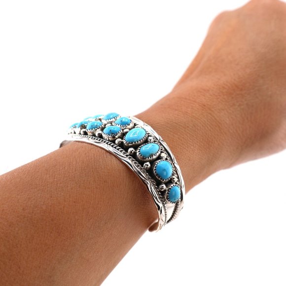 Navajo‎ Bracelet Cluster Turquoise Jewelry Sterling Silver NA Women's Sz 6.25 ** - Picture 6 of 10